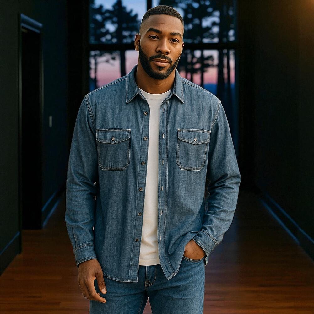 St John's Bay Dark Blue Wash Denim 100% Cotton Chambray Utility Shirt - Size 3XG